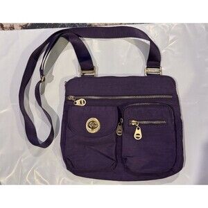 Baggallini Sydney Crossbody Bag 7+ Compartments Adjust Strap Purple Gold Accents